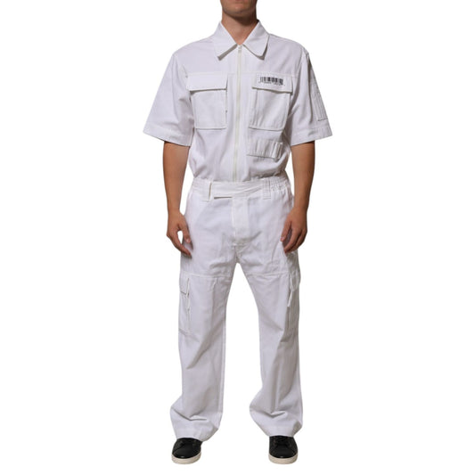 Dolce & Gabbana White Barcode Patch Utility Zip Jumpsuit Pants with short sleeves and cargo pockets, modeled for a modern workwear look.