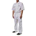 Dolce & Gabbana White Barcode Patch Utility Zip Jumpsuit Pants with short sleeves and cargo pockets.