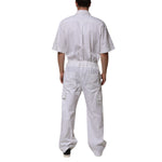 Back view of Dolce & Gabbana White Barcode Patch Utility Zip Jumpsuit Pants, showcasing short sleeves and cargo pockets.