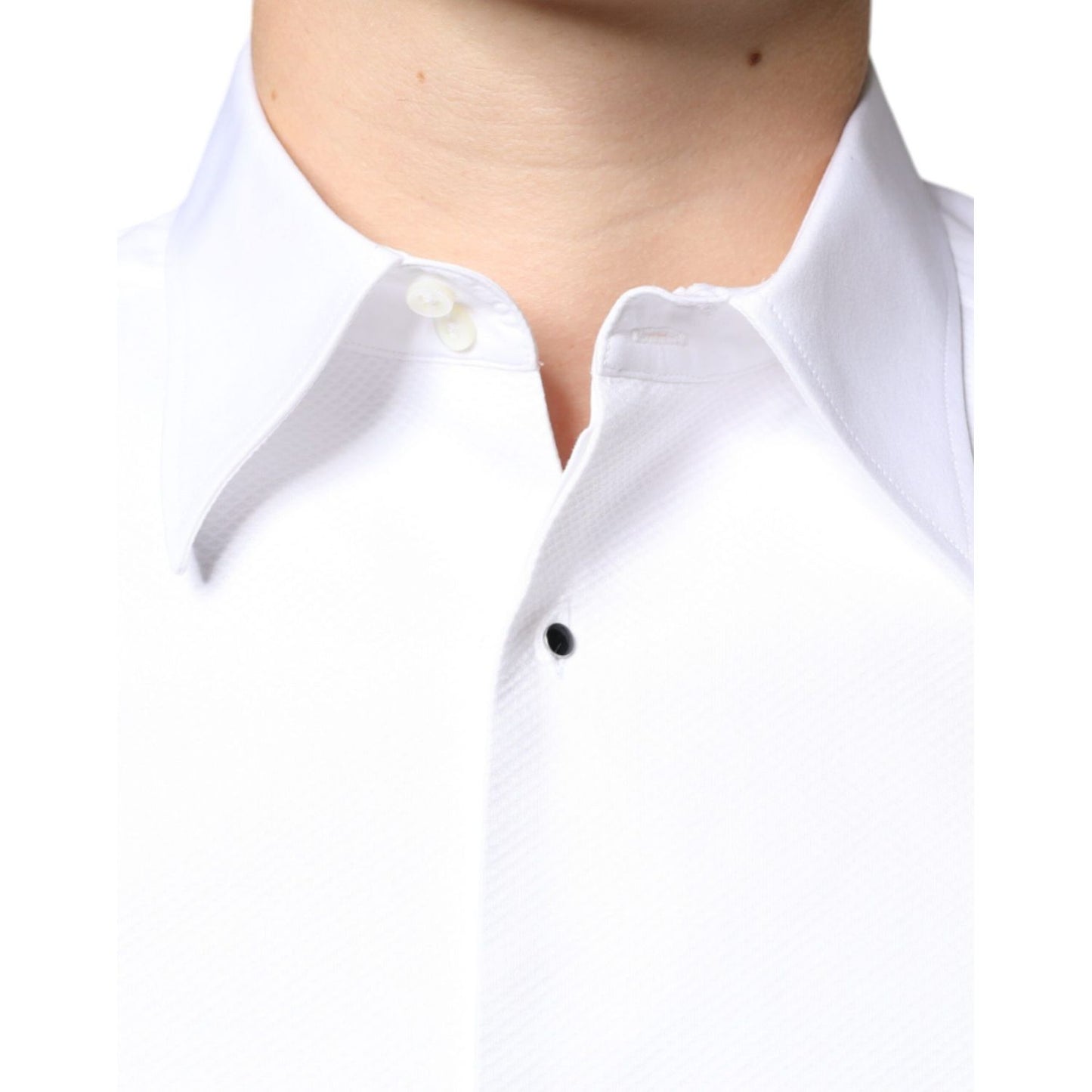 Close-up of Dolce & Gabbana White Bib Cotton Poplin Formal Dress Shirt with contrasting buttons, slim fit, made in Italy.
