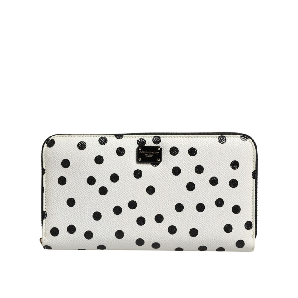 Dolce & Gabbana White Black Dotted Leather Zip Around Continental Wallet with logo and zipper, luxury calfskin material.
