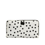 Dolce & Gabbana White Black Dotted Leather Zip Around Continental Wallet with calfskin and logo metal hardware, made in Italy.