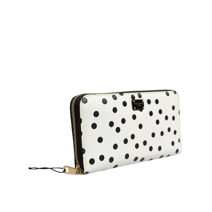 Dolce & Gabbana White Black Dotted Leather Zip Around Continental Wallet