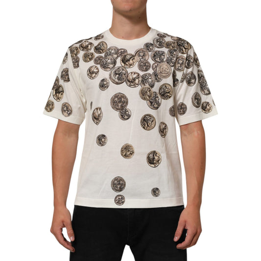 Dolce & Gabbana White Coin Print Cotton Crew Neck Men T-shirt with coin motif and D&G logo, short-sleeve, regular fit.