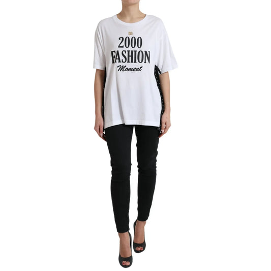 Dolce & Gabbana White Cotton 2000 Fashion Print Logo T-shirt with lace-up sides and gold DG logo, modeled front view.