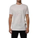 Dolce & Gabbana White Cotton DG Crown Embossed Men T-shirt with logo embroidery, model wears short sleeve, round neck, regular fit design.