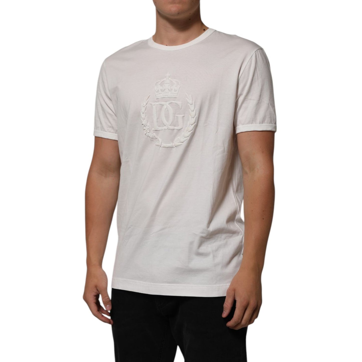 Dolce & Gabbana White Cotton DG Crown Embossed Men T-shirt with logo embroidery, regular fit, modeled on person, white short sleeve shirt.