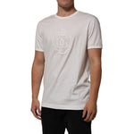 Dolce & Gabbana White Cotton DG Crown Embossed Men T-shirt with logo embroidery, regular fit, modeled on person, white short sleeve shirt.