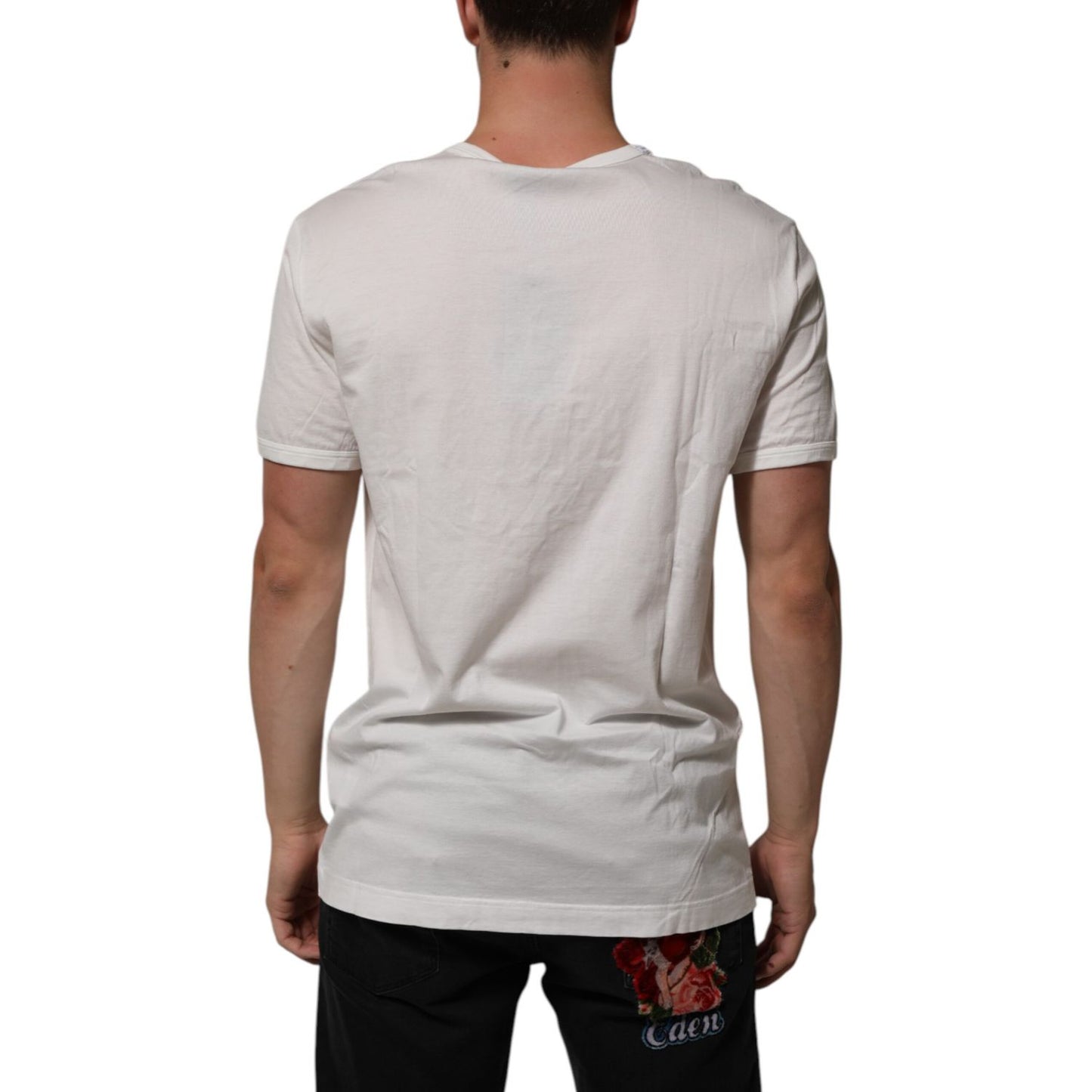 Back view of Dolce & Gabbana White Cotton DG Crown Embossed Men T-shirt with short sleeves and regular fit.