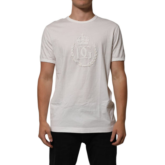 Dolce & Gabbana White Cotton DG Crown Embossed Men T-shirt with logo embroidery, model wears short sleeve, round neck, regular fit design.