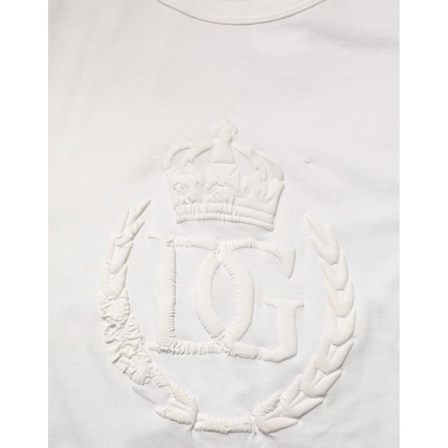 Dolce & Gabbana White Cotton DG Crown Embossed Men T-shirt with embroidered details