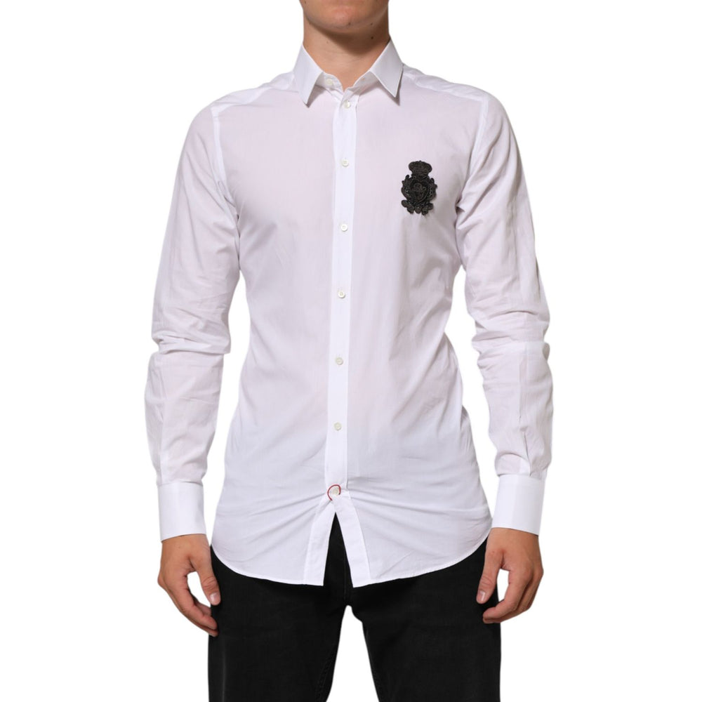 Dolce & Gabbana White Cotton GOLD DGPatch Formal Dress Shirt with logo detail, perfect for formal occasions and business events.