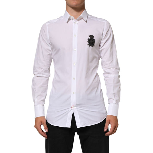 Dolce & Gabbana White Cotton GOLD DGPatch Formal Dress Shirt with classic collar and logo patch, perfect for business or formal occasions.