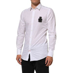Dolce & Gabbana White Cotton GOLD DGPatch Formal Dress Shirt with logo patch detail, perfect for business and formal occasions.