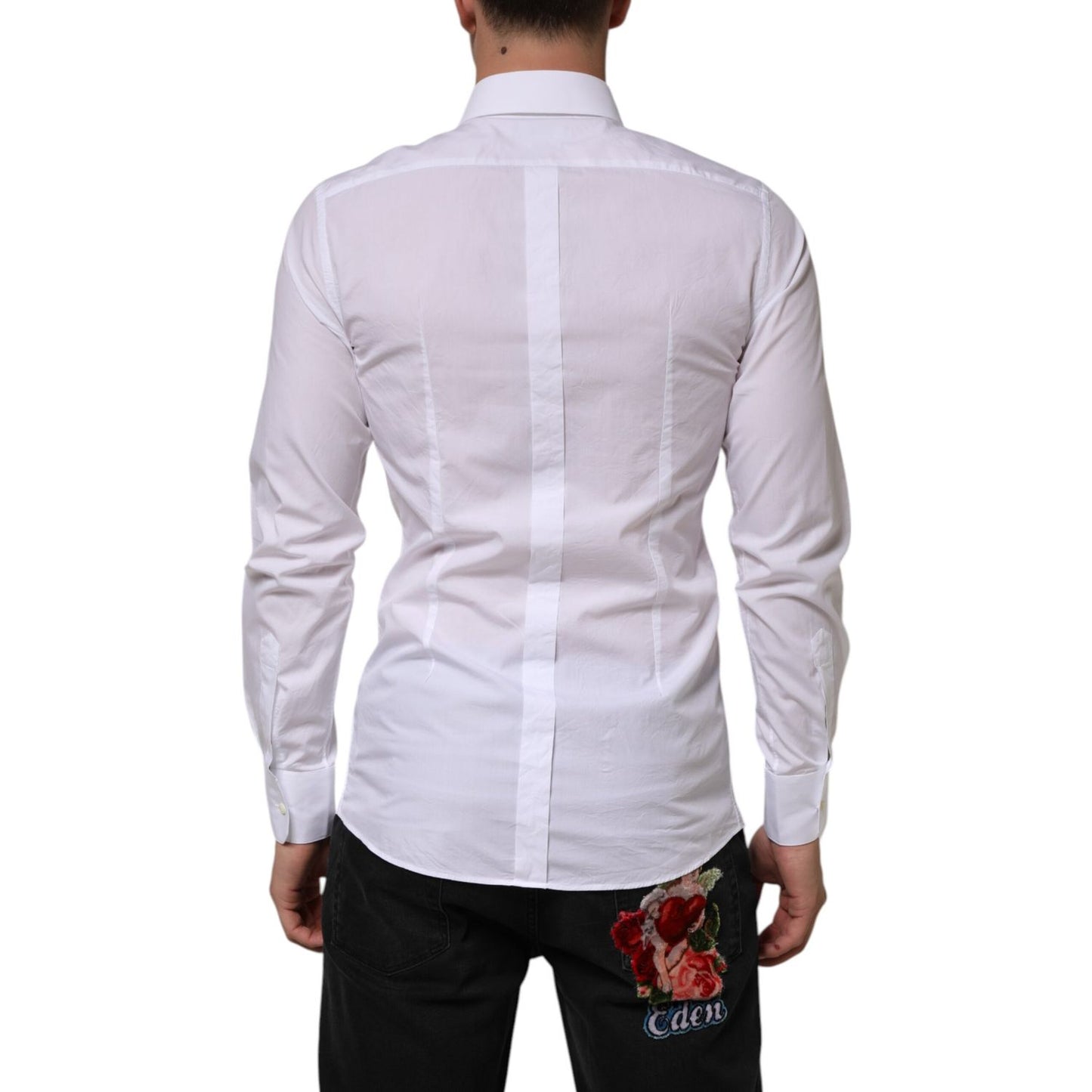 Back view of Dolce & Gabbana White Cotton GOLD Formal Men Longsleeves Shirt showcasing slim fit design and button closure.