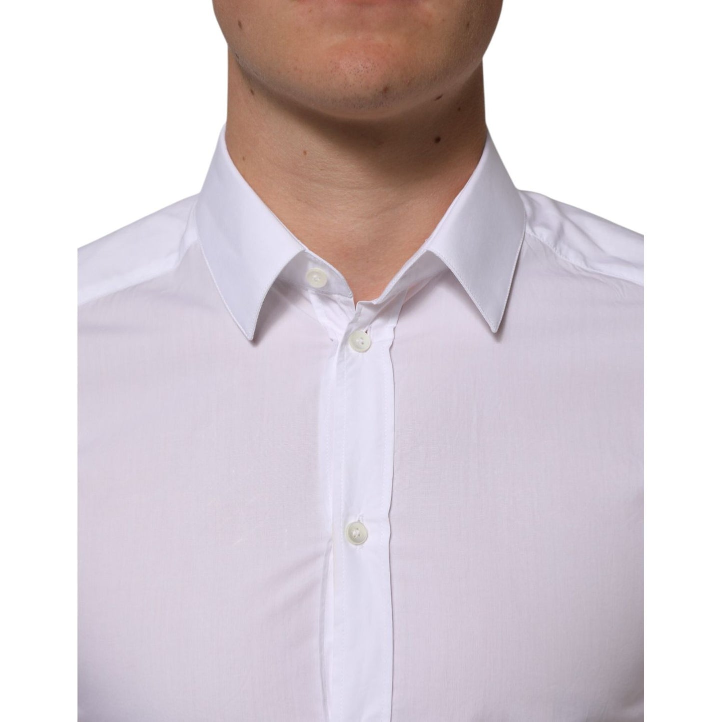 Dolce & Gabbana White Cotton GOLD Formal Men Longsleeves Shirt with button closure and logo details.