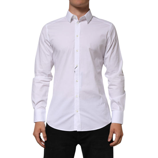 Dolce & Gabbana White Cotton GOLD Long Sleeves Formal Men Shirt, premium Italian tailored shirt perfect for upscale events, slim fit style.