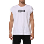 Dolce & Gabbana White Cotton Sleeveless Printed Tank T-shirt featuring logo detail, regular fit, made in Italy, modeled by a person.