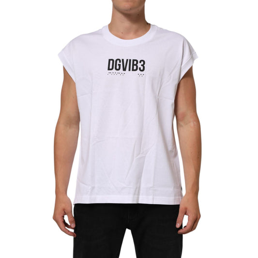 Dolce & Gabbana White Cotton Sleeveless Printed Tank T-shirt featuring logo and stylish print, made in Italy.