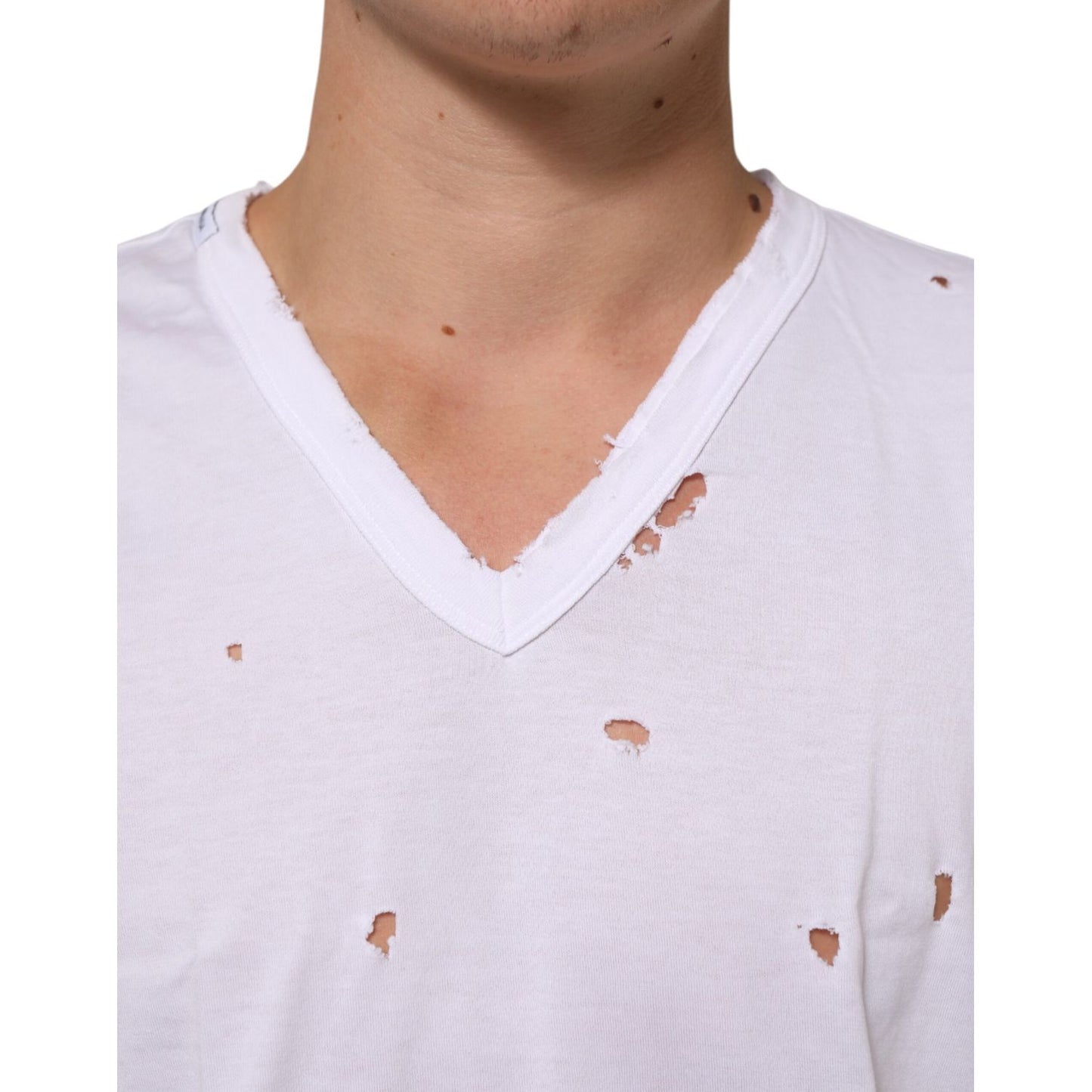 Dolce & Gabbana White Distressed Cotton V Neck Men T-shirt with classic V-neckline and modern distressed finish.