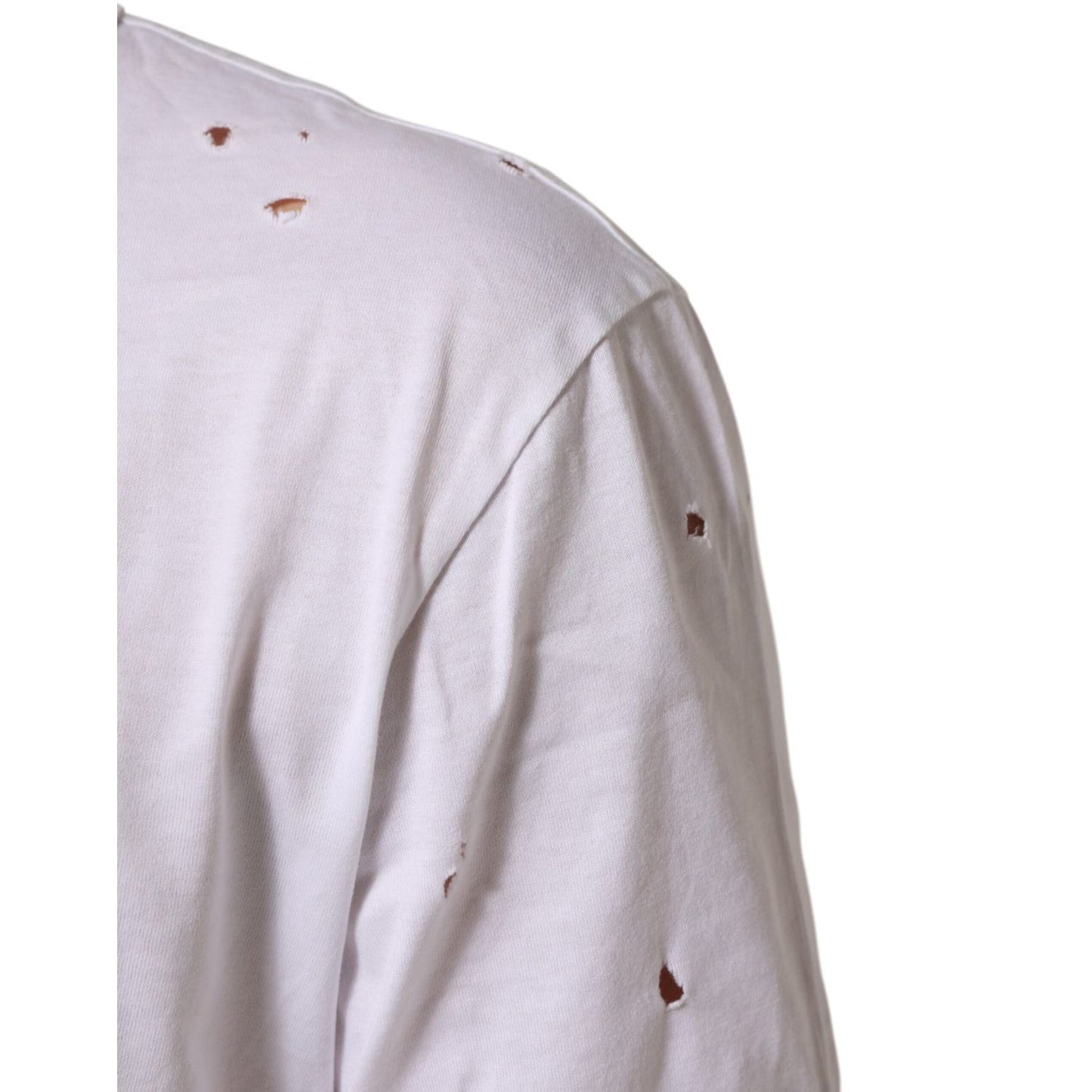 Dolce & Gabbana White Distressed Cotton V Neck Men T-shirt showcasing distressed details on the back.