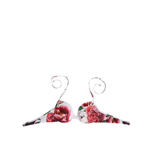 Dolce & Gabbana White Floral Print Halter Bikini Top Swimwear featuring vibrant floral design with adjustable halter ties.