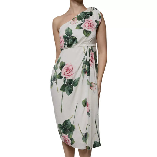 Dolce & Gabbana White Floral Silk One Shoulder Midi Dress featuring pink rose design.