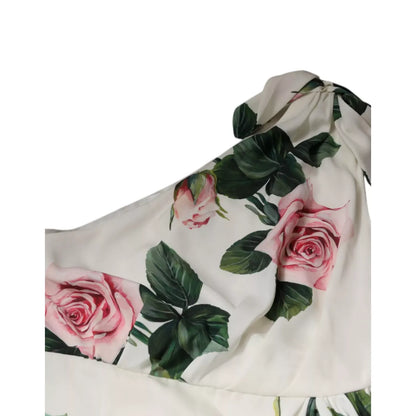 Dolce & Gabbana White Floral Silk One Shoulder Midi Dress
