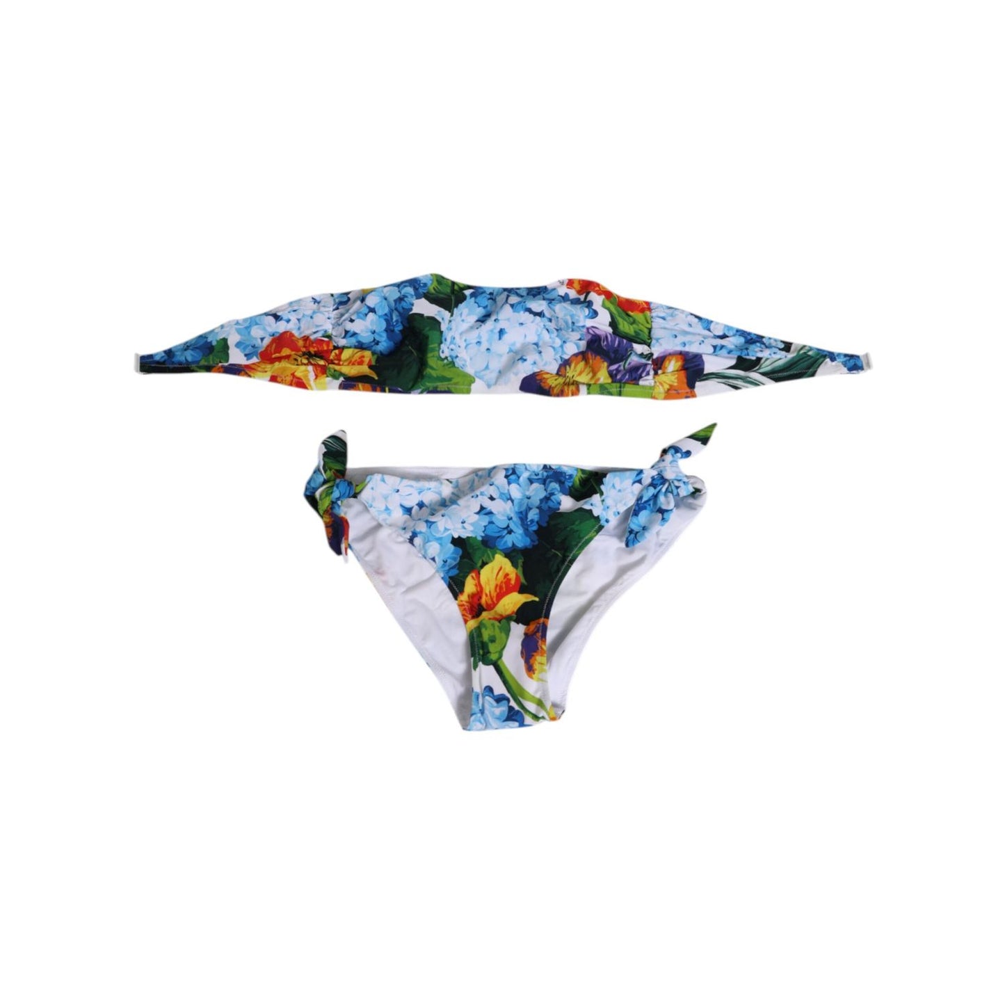 Dolce & Gabbana White Floral Swimsuit 2 Piece Top Bottom Swimwear with vibrant floral print, featuring hook closure and logo details.