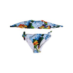 Dolce & Gabbana White Floral Swimsuit 2 Piece Top Bottom Swimwear with vibrant floral print, featuring hook closure and logo details.