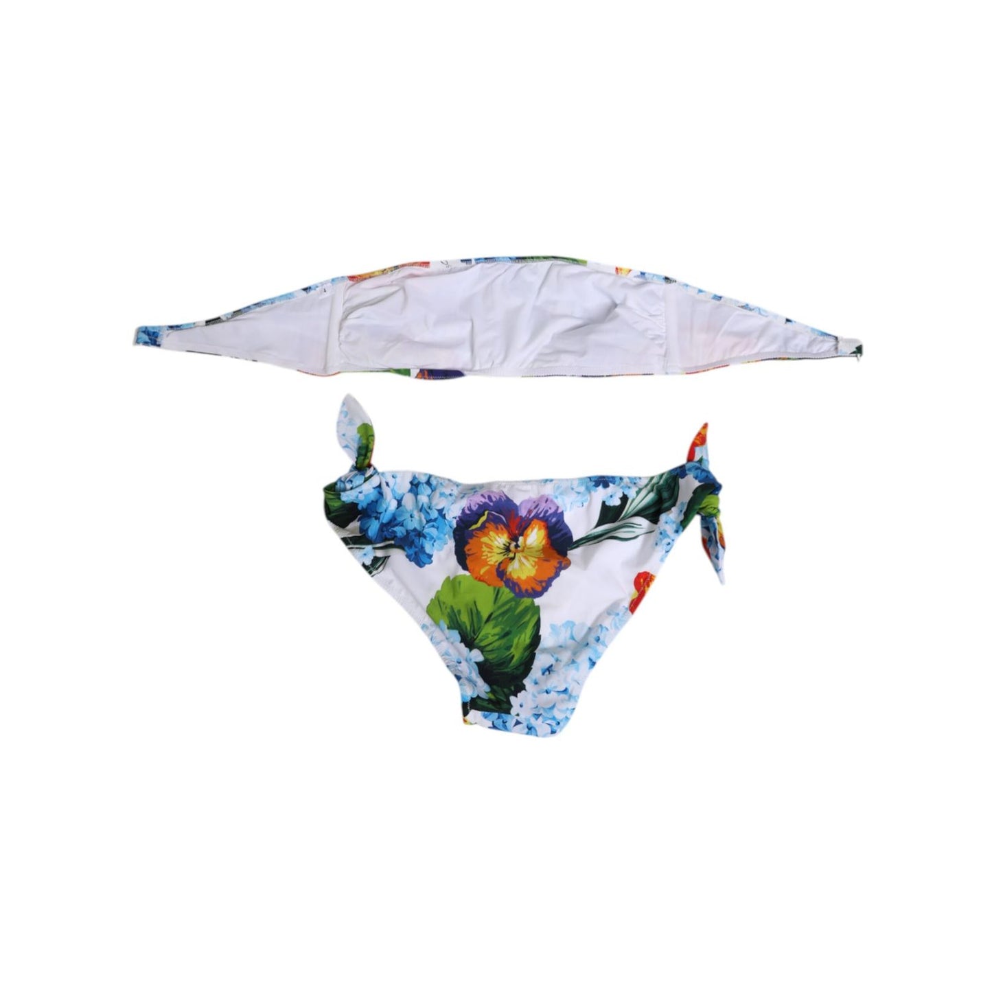 Dolce & Gabbana White Floral Swimsuit 2 Piece Top Bottom Swimwear with vibrant floral print, chic beachwear, hook closure.