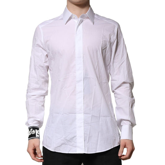 Dolce & Gabbana White GOLD Cotton Men Dress Formal Shirt with button closure and logo details, slim fitting, 100% cotton, made in Italy.