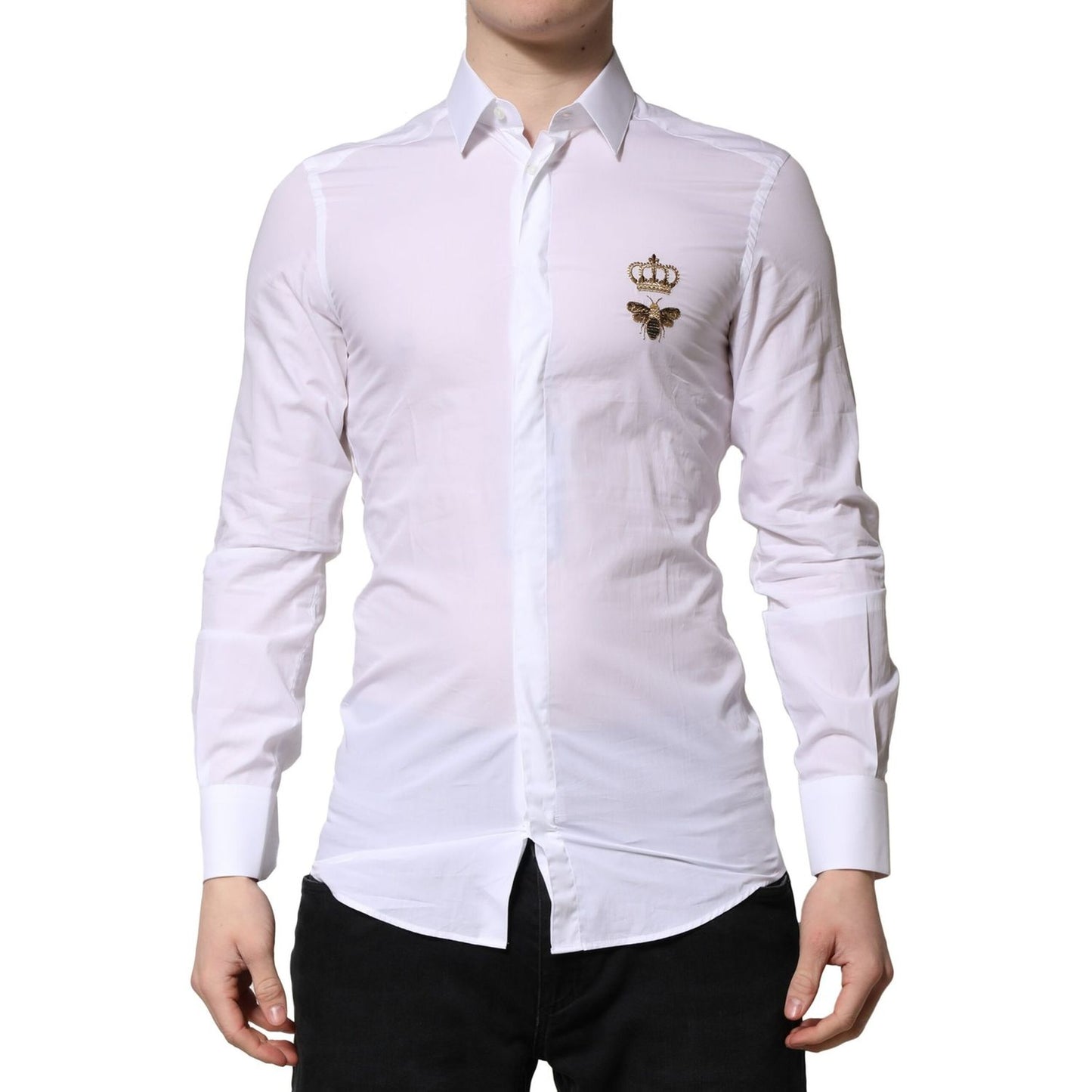 Dolce & Gabbana White GOLD Crown Bee Men Dress Formal Shirt