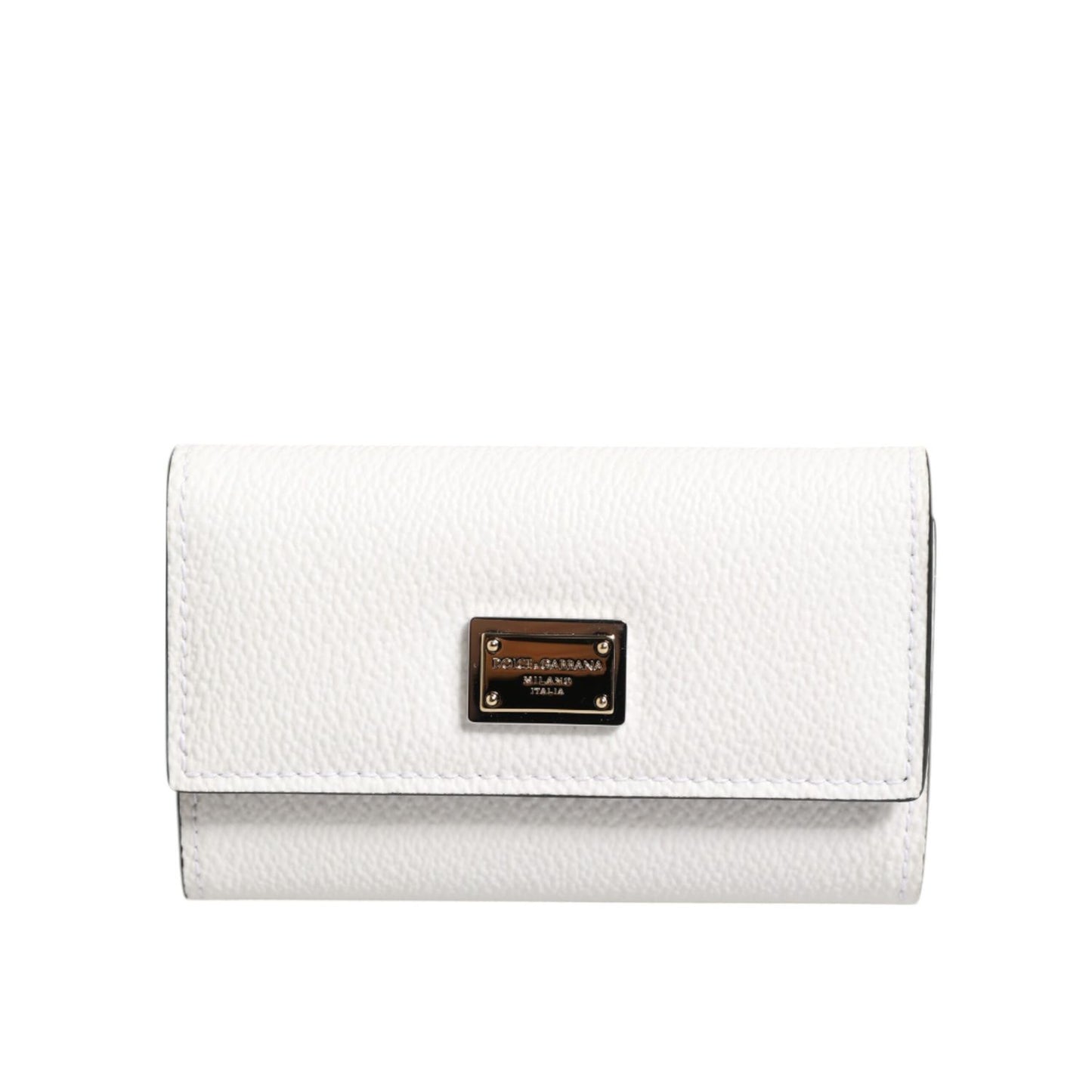Dolce & Gabbana White Leather Card Case Holder Wallet Gold Logo Plate Key Holder