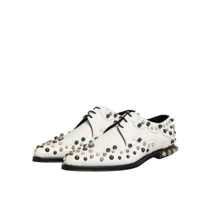 Dolce & Gabbana White Leather Crystals Embellished Derby Shoes Dolce & Gabbana