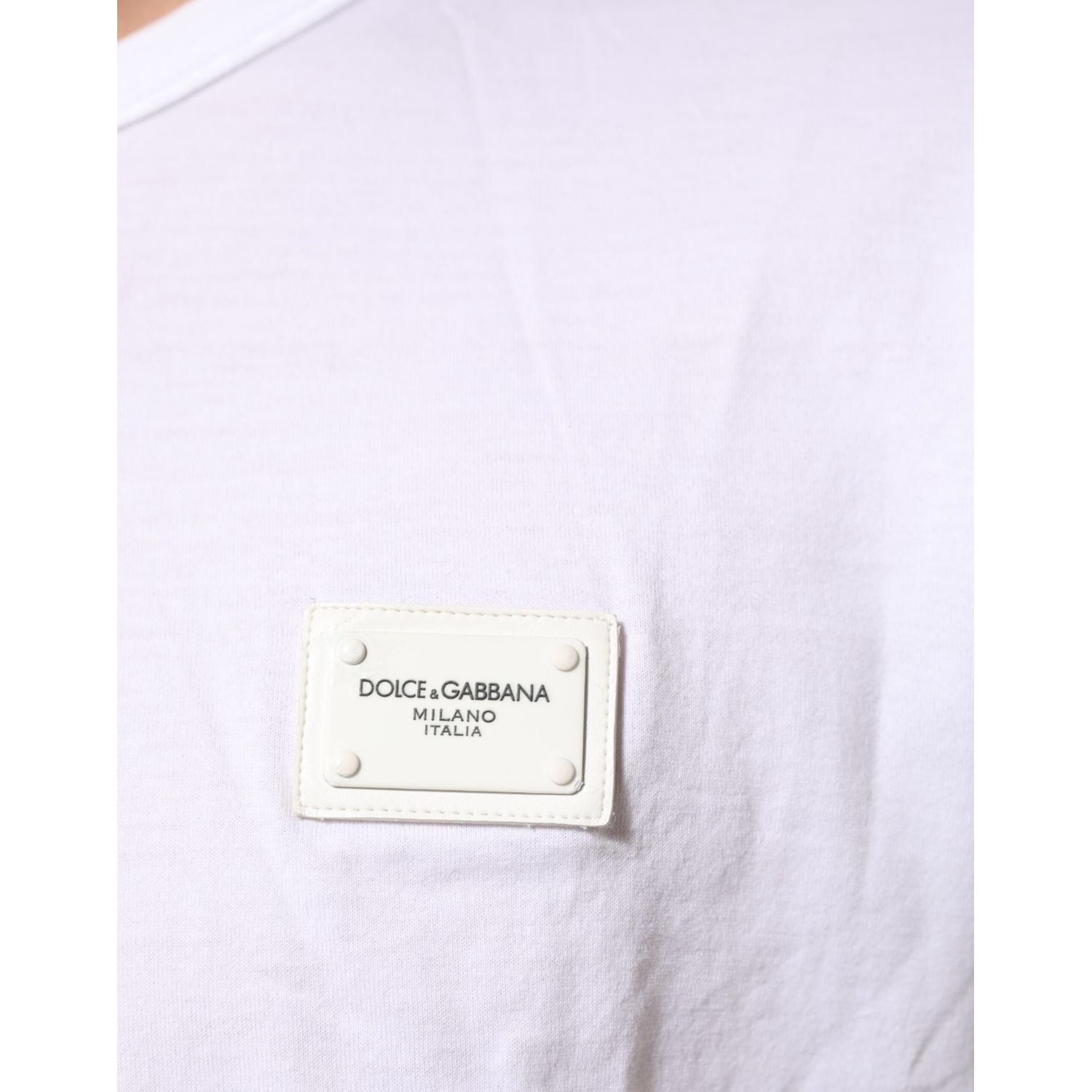 Dolce & Gabbana White Logo Plaque Cotton Crew Neck T-shirt
