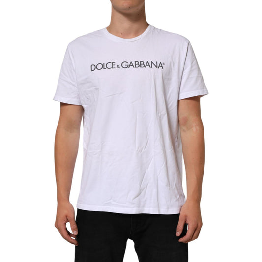 Dolce & Gabbana White Logo Print Cotton Crew Neck T-shirt on model, short sleeves, classic design, made in Italy, 100% cotton.