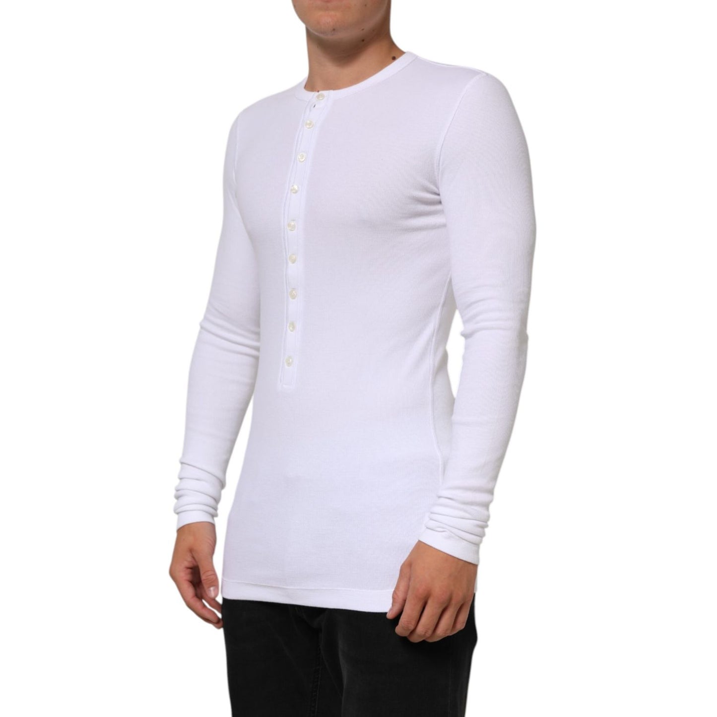 Dolce & Gabbana White Long Sleeves Button Closure T-shirt, men's cotton tee with minor sleeve discolorations, sophisticated casual style.