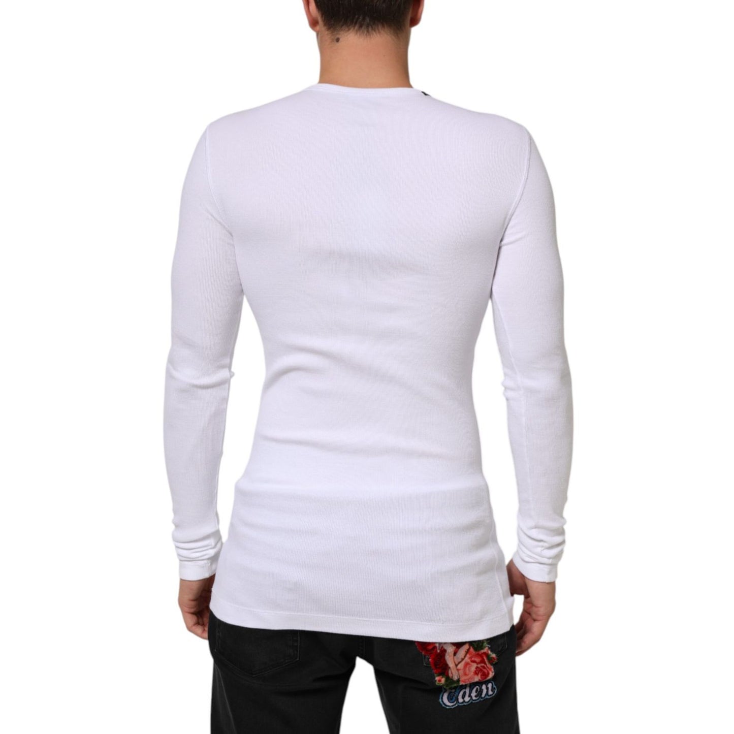 Back view of Dolce & Gabbana White Long Sleeves Button Closure T-shirt, crafted from soft cotton with a regular fit and minor sleeve discolorations.