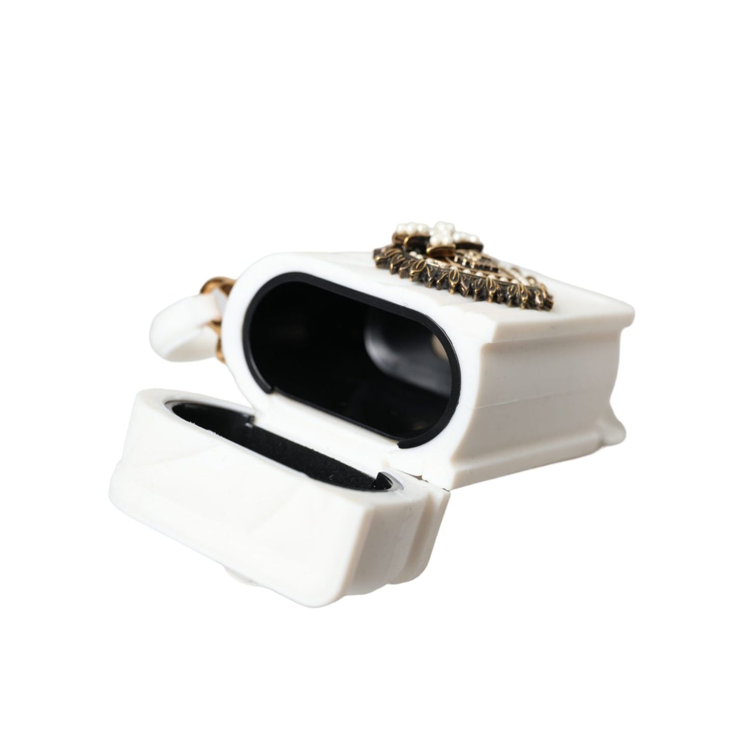 Dolce & Gabbana White Silicone Devotion Heart Cover Hand Bag Airpod Case with quilted effect, front logo plaque, and gold detailing.