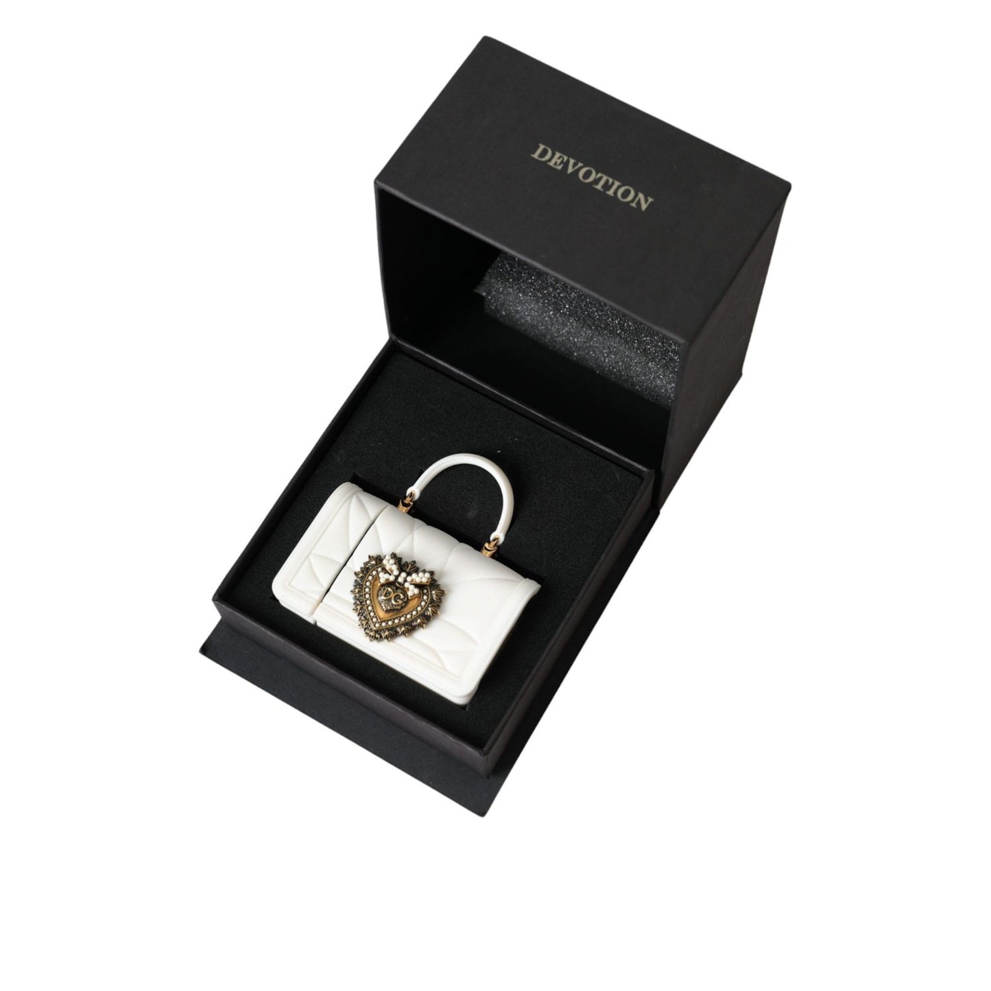Dolce & Gabbana White Silicone Devotion Heart Cover Hand Bag Airpod Case in box with quilted design and gold detailing.