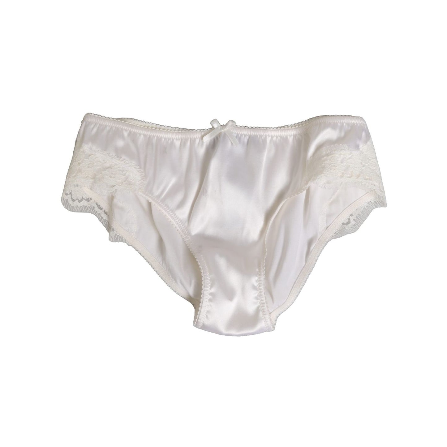Dolce & Gabbana White Silk Satin Floral Lace Panty Brief Underwear, elegant Italian lingerie with delicate lace and silk satin finish.