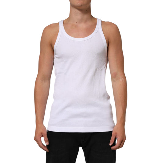 Dolce & Gabbana White Sleeveless Round Neck Tank T-shirt with minor front stains, 100% cotton, regular fit, model shown wearing the top.