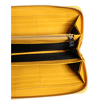Open view of Dolce & Gabbana Yellow Leather Logo Plaque Zip Around Continental Wallet showing internal compartments.