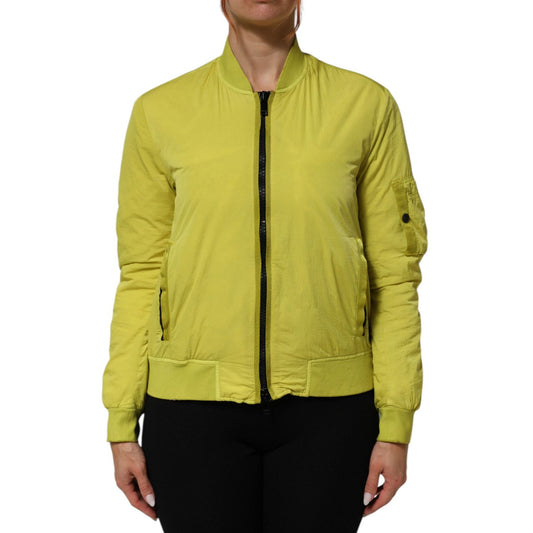 Dolce & Gabbana Yellow Polyamide Zipper Bomber Women’s Jacket, lightweight casual wear, ribbed trims, vibrant yellow, Italian crafted.