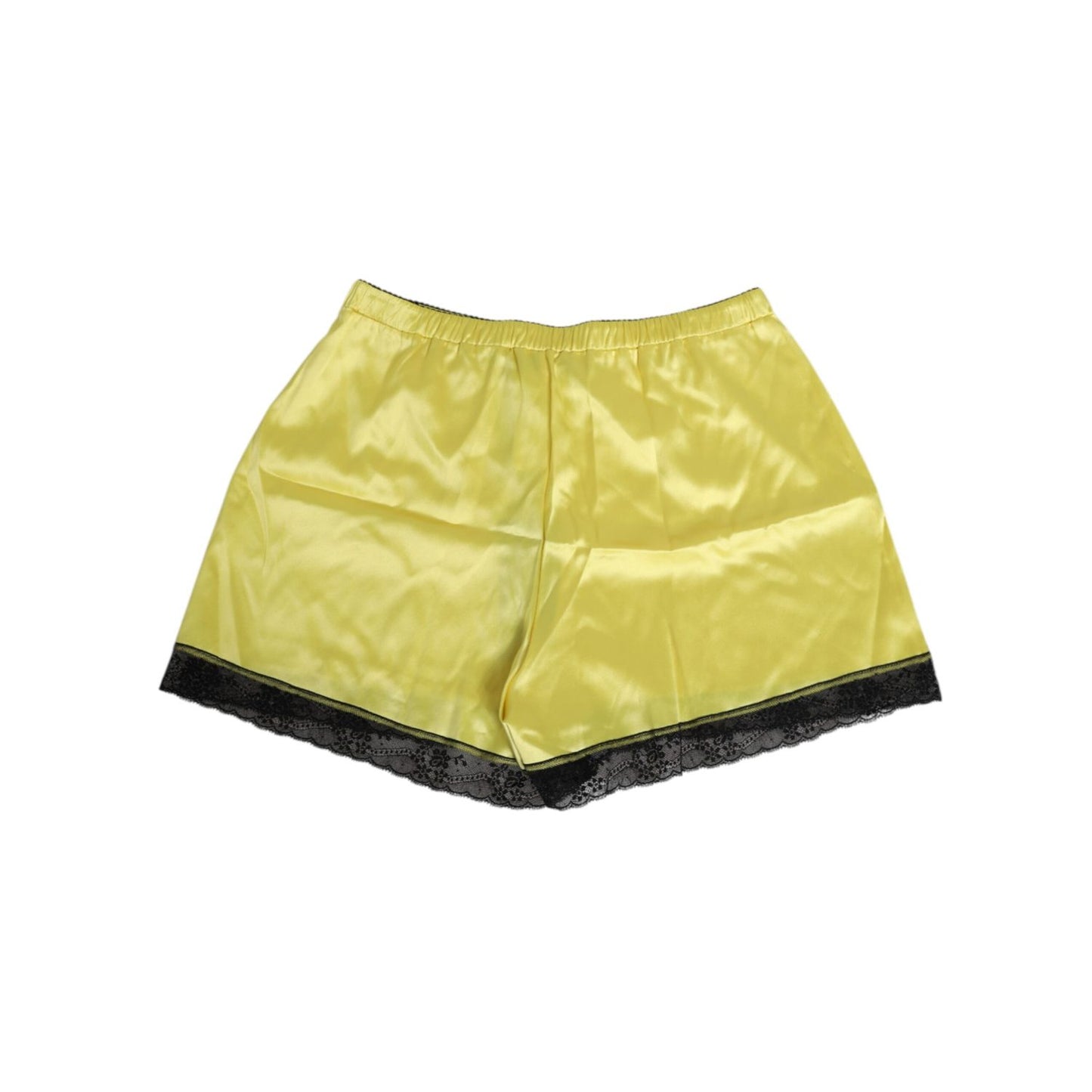 Dolce & Gabbana Yellow Satin Silk Mid Waist Underwear Shorts with black lace trim, made in Italy, luxury fashion.