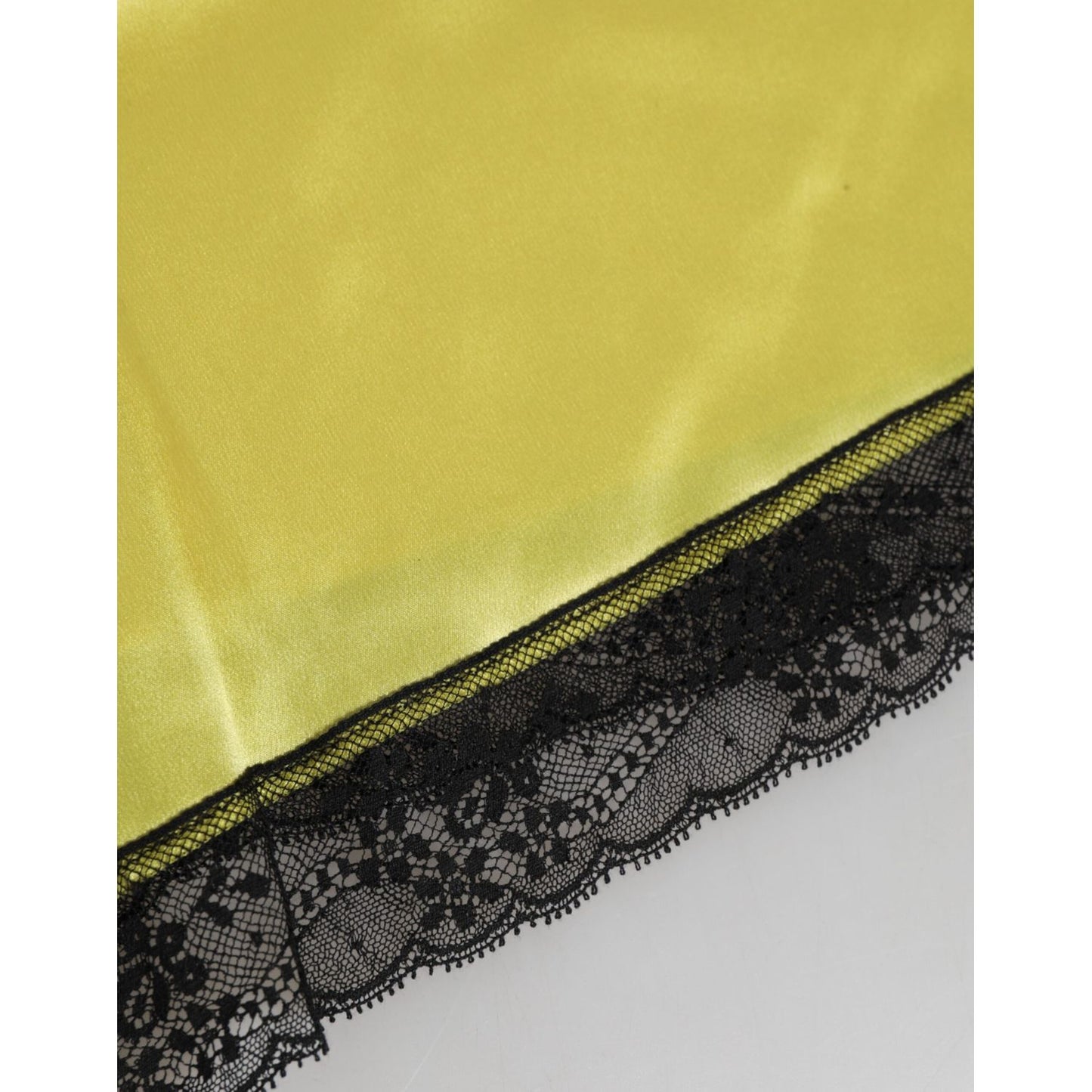 Dolce & Gabbana Yellow Satin Silk Mid Waist Underwear Shorts with black lace detailing.