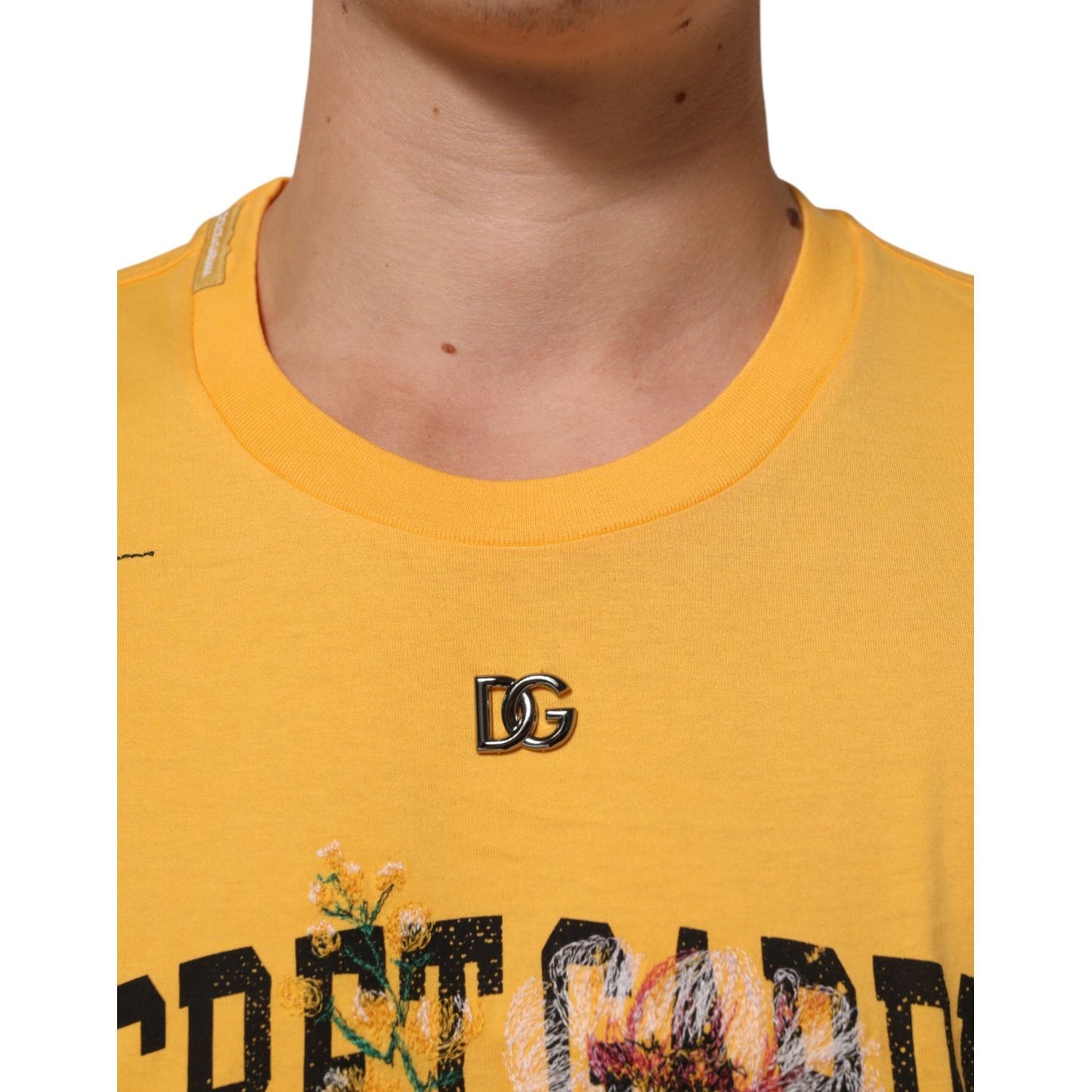 Dolce & Gabbana Yellow Secret Graden Floral Cotton CrewNeck T-shirt with logo detail, 100% cotton, classic crew neckline, made in Italy.