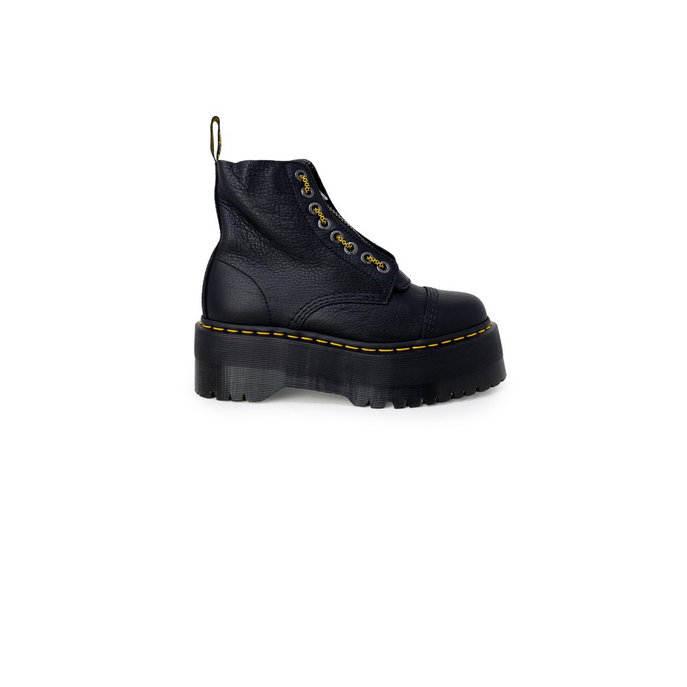 Dr. Martens Black Leather Boot with lace-up closure and sturdy rubber sole, iconic style for women's fashion and comfort.