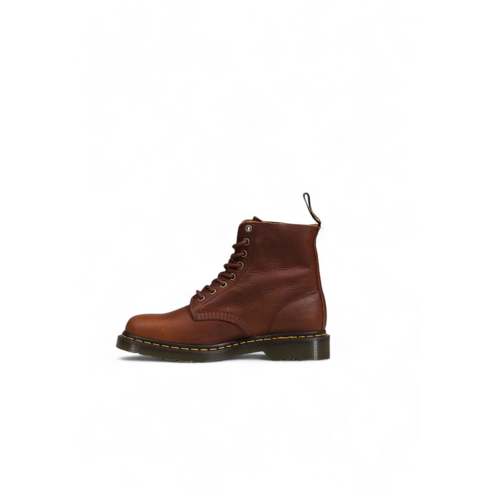Dr. Martens Brown Leather Athletic boot with 8-eyelet design and yellow stitching, featuring pebbled finish and durable Goodyear-welted sole.